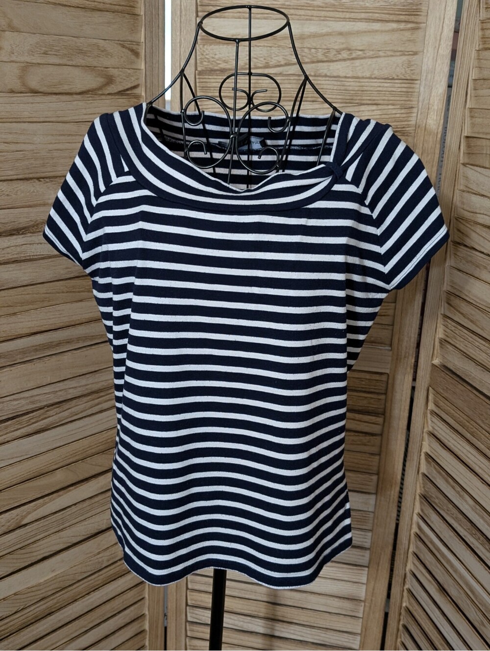 Norton McNaughton Navy Blue Multicolor Fancy Stripe Short Sleeve Sweater - L